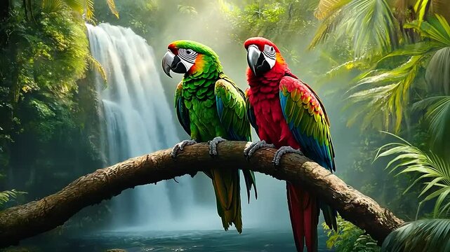 Vibrant macaws perched on a branch in a lush rainforest with a waterfall cascading in the background