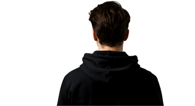 Rear View of a Man in a Black Hoodie Against a Black Background