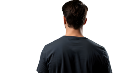 Rear View of a Man in a Dark T-Shirt Against a Black Background