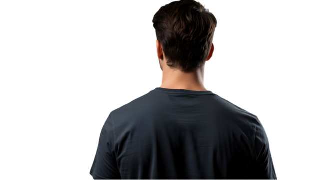 Rear View of a Man in a Dark T-Shirt Against a Black Background