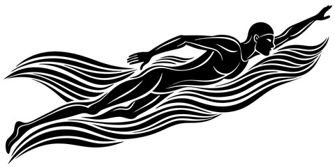 Stylized Swimmer Silhouette in Dynamic Waves Abstract Art