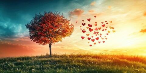 Romantic Autumn Landscape with Hearts, Perfect for Valentine's and Anniversary Greetings
