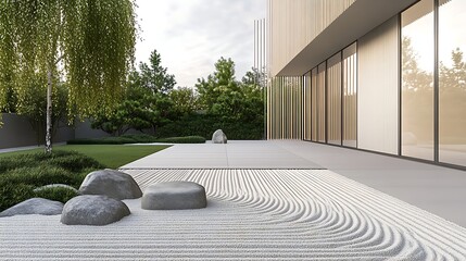 Modern home exterior with zen garden