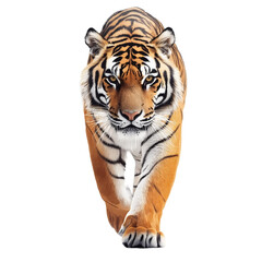 Naklejka premium A striking portrait of a tiger, confidently walking towards the viewer, showcasing its fierce beauty and powerful presence