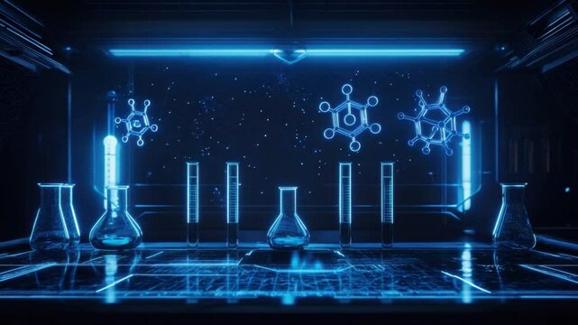 Futuristic Laboratory Interior with Neon Lighting and Chemical Structures Visible on Screen
