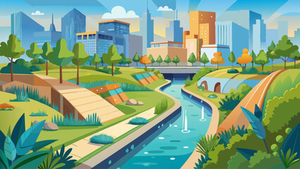 A city park with a river running through it. The park is full of trees and grass, and there are benches and a fountain. The city skyline is visible in the background