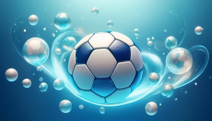 Naklejka premium soccer ball surrounded by bubbles in a soft blue background