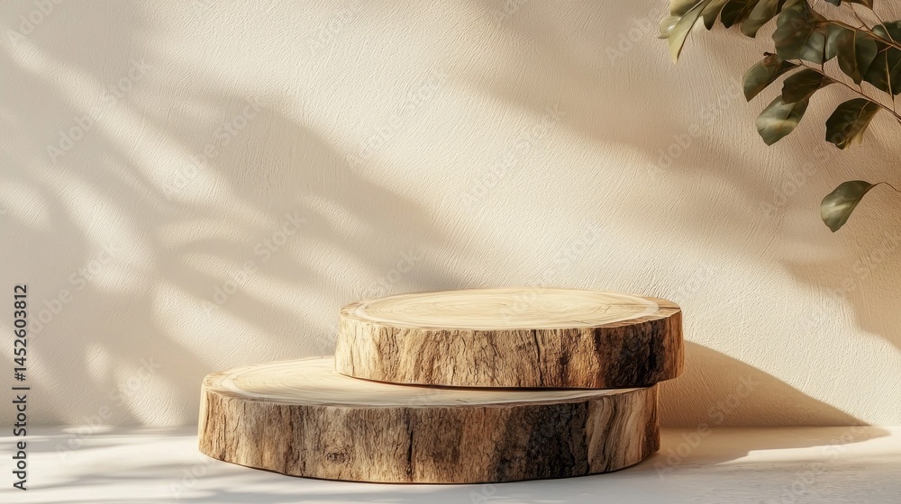 Poster Two round wooden slices of different sizes are positioned on a light surface, casting delicate shadows. The rustic texture contrasts with the smooth background, enhancing the natural appeal