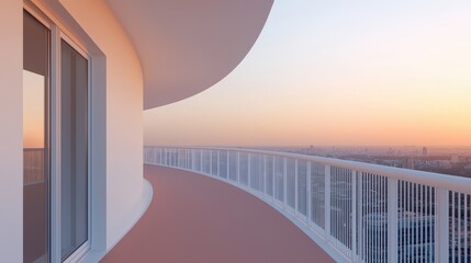Fototapeta premium Modern Balcony Overlooking City Skyline at Sunset with Warm Colors