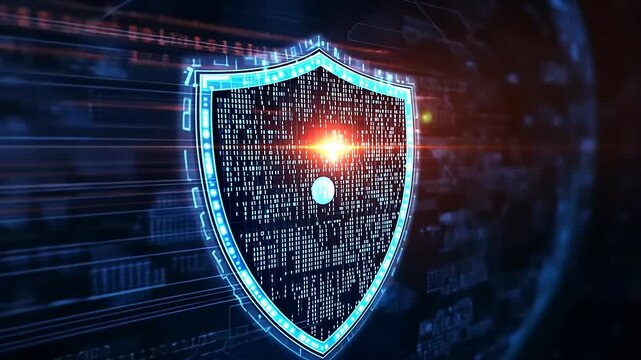 Digital shield symbolizing cybersecurity with glowing elements and binary code in a tech environment