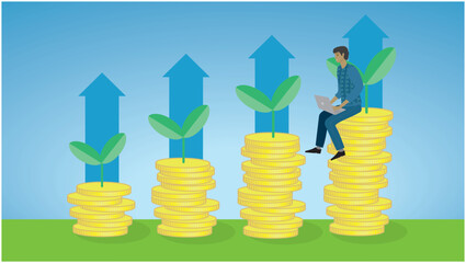 Man who are successful in business. Investing and getting growth. Dimension 16:9. Vector illustration. Piles with money going up.