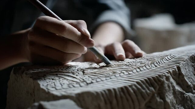 Artisan meticulously carving intricate patterns on stone in a dimly lit workshop, showcasing skill