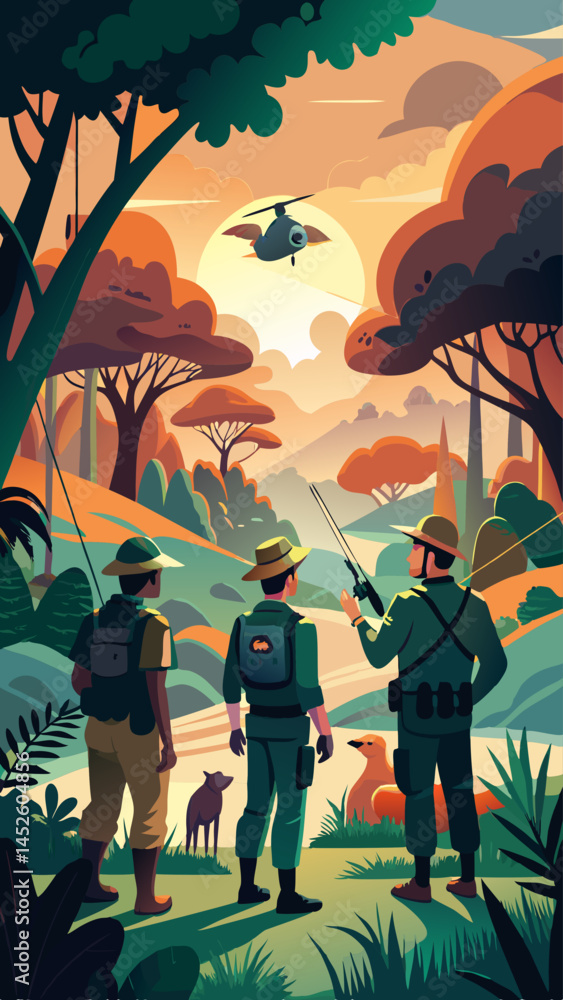 Poster a group of soldiers are in the jungle, with one of them holding a gun. the scene is set in a forest 