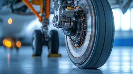 Fototapeta premium Airplane Inspection Concept, Close-up of Aircraft Braking System Underneath Aircraft Showing Wheel and Detail of Landing Gear Components
