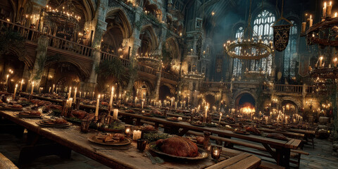 Balcony view of a grand medieval banquet hall