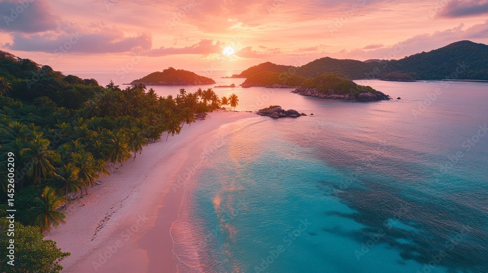 Poster soft pastel colors fill the sky as the sun sets over a serene tropical beach. palm trees line the sh