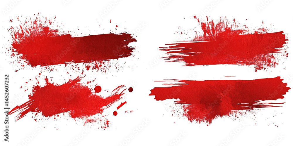 Poster set of four different red ink or paint strokes on transparent background. grunge style. abstract str