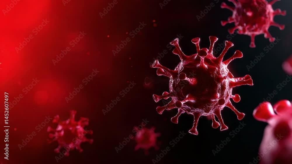 Poster virus cell infection under microscope with red background and digital rendering of pathogen structur