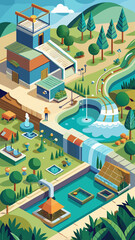 A cartoon drawing of a city with a house, a pool, and a water tower. The drawing is colorful and lively, with a sense of community and leisure