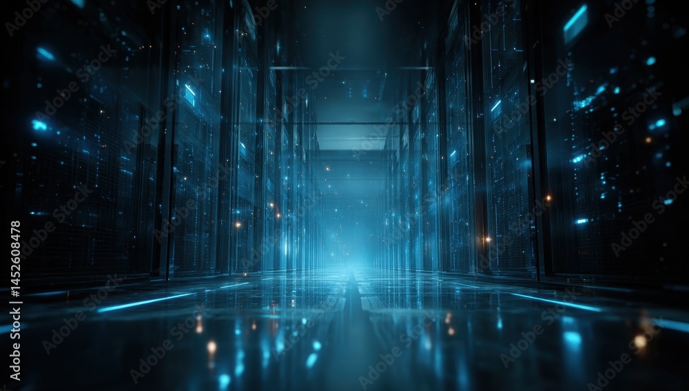 Poster futuristic server room corridor with glowing data streams