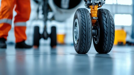 Fototapeta premium Airplane Inspection Concept, Detailed View of Aircraft Landing Gear with Technician in Maintenance Hangar