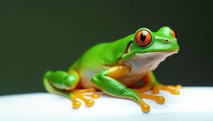 Obraz premium Green tree frog perched on white, vibrant skin, white background, white