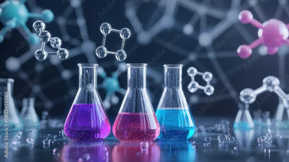Poster vibrant laboratory scene with colorful solutions and molecular structures representing chemical reac