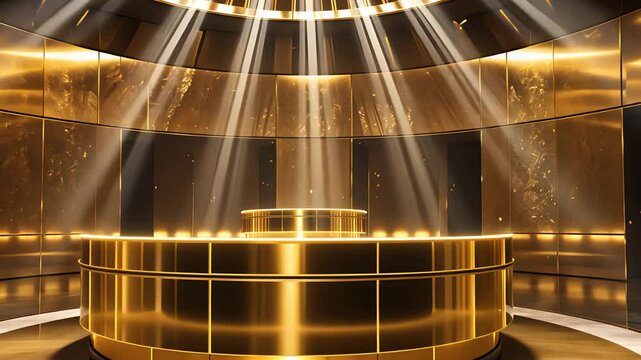 Golden spotlight stage with circular podium, illuminated with beams of light, creating a luxurious and elegant atmosphere in a grand setting.

