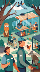 Obraz premium A group of people are gathered around a table with animals in cages. Scene is lighthearted and playful, as the people seem to be enjoying their time with the animals