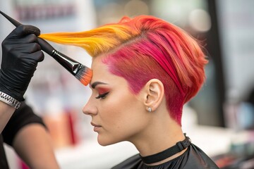 Fototapeta premium A stylish woman having her vibrant, colorful hair expertly dyed by a professional.
