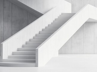 Modern white concrete staircase in a minimalist interior.  The stairs feature a clean design with white steps and a railing. 