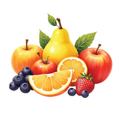 Watercolor Illustration of Assorted Fresh Fruits – Apples, Oranges, Pears, Berries, and Citrus on White Background
