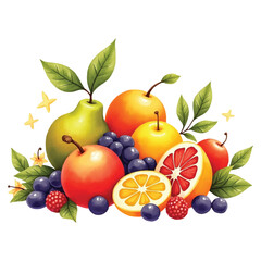 Watercolor Illustration of Assorted Fresh Fruits – Apples, Oranges, Pears, Berries, and Citrus on White Background