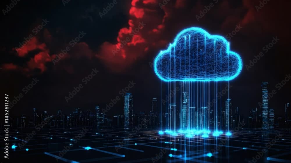 Poster futuristic digital cloud computing visualization with network connectivity and data flow against dar