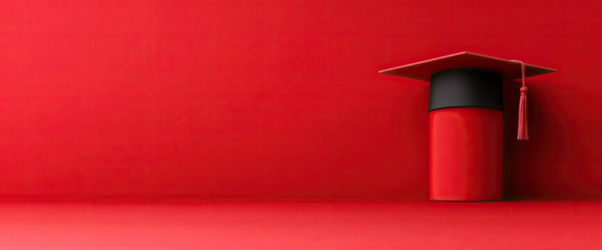 Red graduation cap atop container on red background. Minimalist design for education, academic achievement