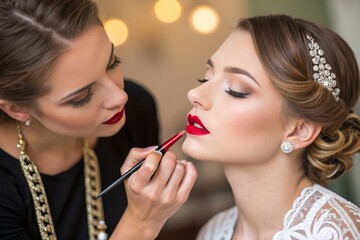 A makeup artist expertly applying vibrant red lipstick to a bride's lips for a special event.
