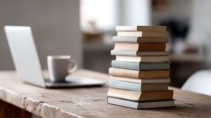 Stack of books, laptop and coffee cup on wooden desk for study time or remote work