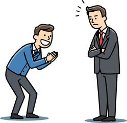 Cartoon Vector of Smiling Employee Trying to Please Unimpressed Boss &ndash; Corporate Sycophant Concept