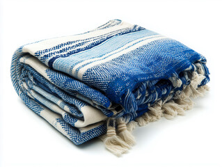 Tallit prayer shawl, blue and white, folded, isolated on pure white background