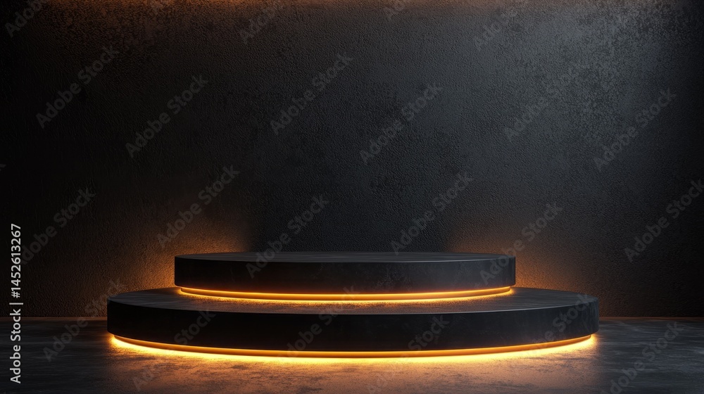 Poster A sleek and minimal podium features subtle glowing edges, creating an elegant setting for showcasing products against a dark, textured backdrop. Ideal for presentations or displays