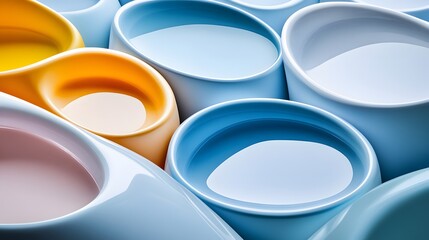 Abstract Colorful Bowls with Liquid, Pastel Hues, Smooth Curves, Modern Design, Fluid Shapes, Geometric Pattern,  Ceramic Cups, Minimalist Composition