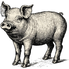 Vintage pig, block print style, black sketch, grunge texture, old engraving, black and white, vector farm animal, rustic pig art, antique style, traditional livestock etching
