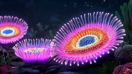 Vibrant Bioluminescent Coral Reef Underwater Scene with Colorful Anemones