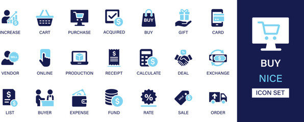 Buy icon set collection. Increase, cart, purchase, acquire, gift, card, vendor, production, receipt, deal, sale, expense and best solid icon set.
