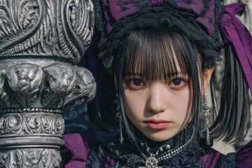 Close-up portrait of a young woman in dark fashion.