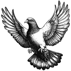 Rough wood block print, pigeon with spread wings, old engraving style, vintage vector illustration, black sketch, monochrome bird art, hand carved effect, wildlife tattoo design