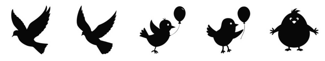 Cute Bird Silhouette Vector Illustrations | Set of Cartoon Birds for Children's Designs, Stickers, and Education Materials