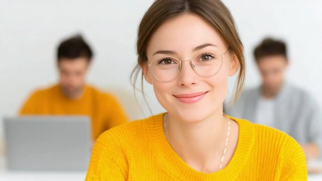Confident Student in Focus: A bright, studious young woman, radiating intelligence and warmth, gazes directly at the viewer with a subtle smile.