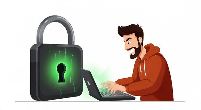 Person Typing on Laptop Next to Glowing Security Lock Concept