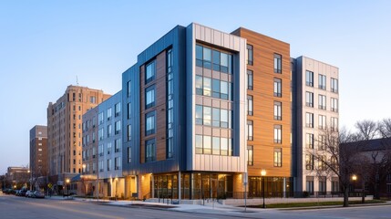 Modern multi-story building with large windows and wooden accents at dusk in an urban setting